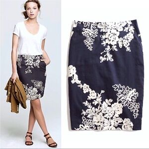 J. Crew Mirabel The Pencil skirt Navy blue with white embroidery Size 0